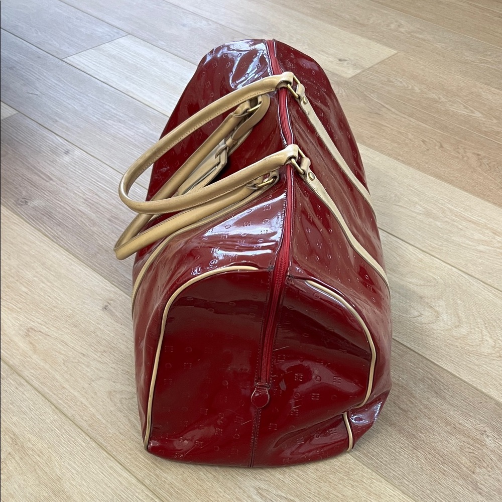 Arcadia Red Patent Leather Travel Bag with Tan Handles